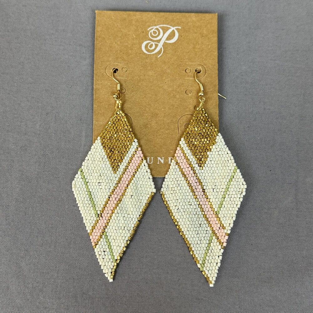 White Glass Beaded Leaf Dangle Drop Earrings 3.5 In Women Gold Tone Boho Jewelry